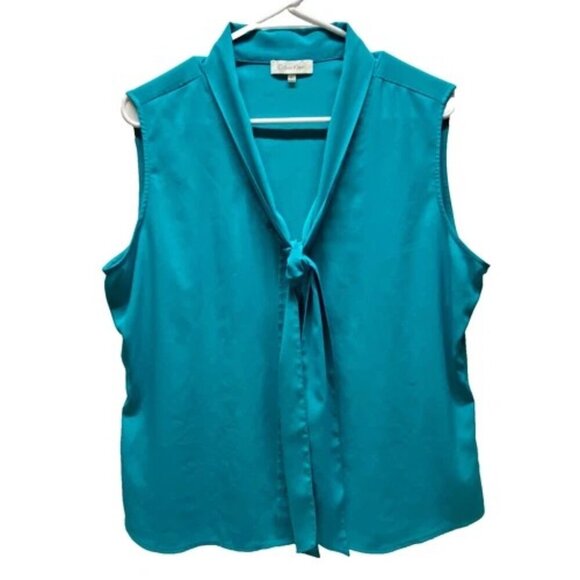 Calvin Klein Tops - Calvin Klein Career Blouse Women's XL Marine Green Sleeveless Tie-Front Top EUC